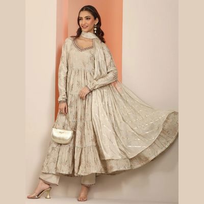 Grey Floral Printed Silk Blend Anarkali Suit