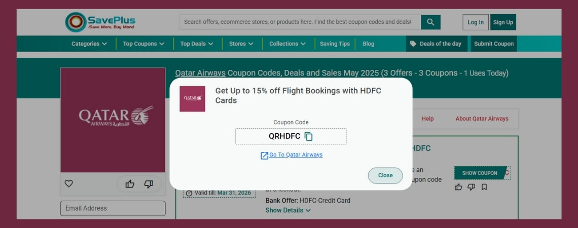 Apply Qatar Airways Promo Codes from SavePlus India