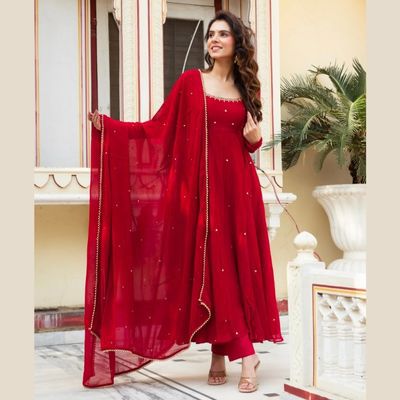 Red Hand Work Anarkali Suit