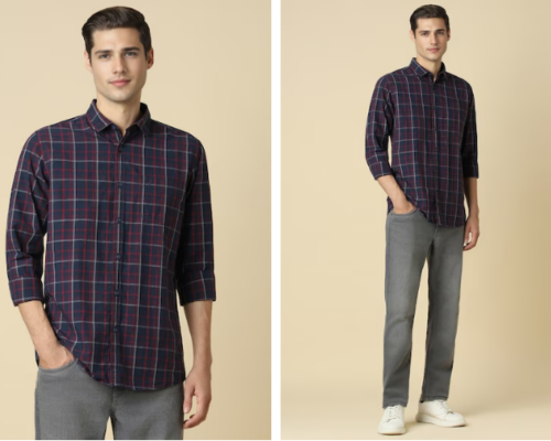 Men Navy Slim Fit Check Full Sleeves Casual Shirt