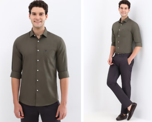 Men Olive Regular Fit Solid Full Sleeves Casual Shirt