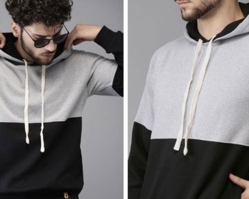 Campus Sutra Men Black & Grey Colourblocked Hooded Sweatshirt