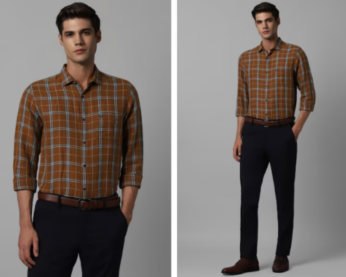 Men Brown Regular Fit Checked Full Sleeves Formal Shirt