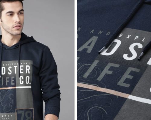 Roadster Men Navy Blue & Charcoal Grey Printed Hooded Sweatshirt