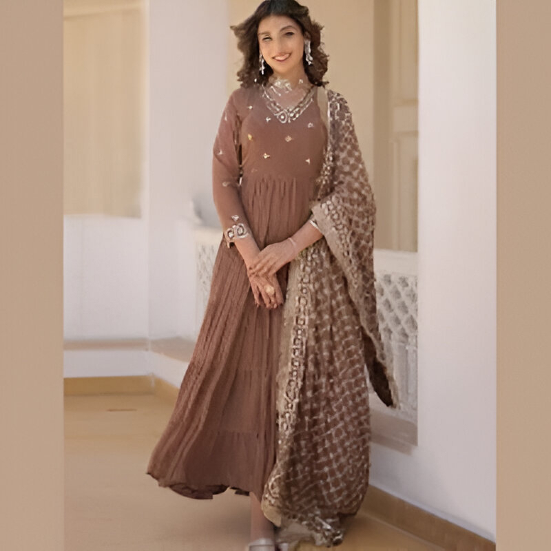 Brown Embroidered Tiered Anarkali Kurta