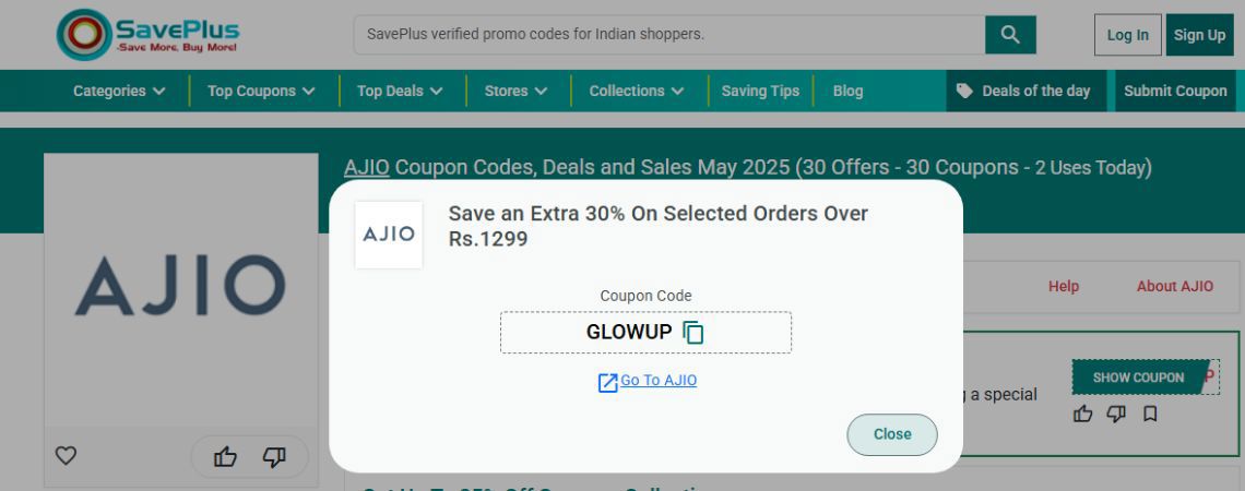 Apply SavePlus India AJIO Promo Codes